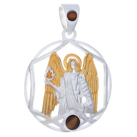 Archangel Uriel Gold Plated Sterling Silver Pendant with Tiger Eye - Magick Magick.com
