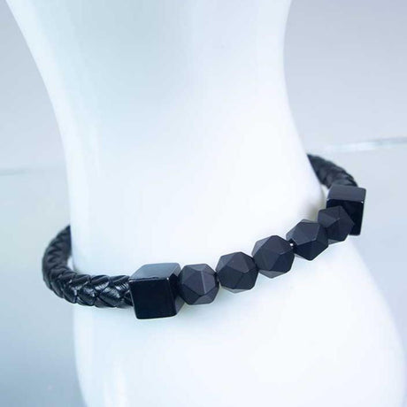 Black Leather Stainless Steel Clasp Bracelet with Black Ceramic Beads - Magick Magick.com