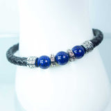 Black Leather Stainless Steel Clasp Bracelet with Lapis & Silver Accent Beads - Magick Magick.com