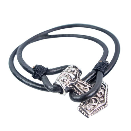 Black Leather Wrap Bracelet with Viking Hammer - Magick Magick.com