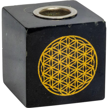 Black Tourmaline Mini Candle Holder - Flower of Life - Magick Magick.com