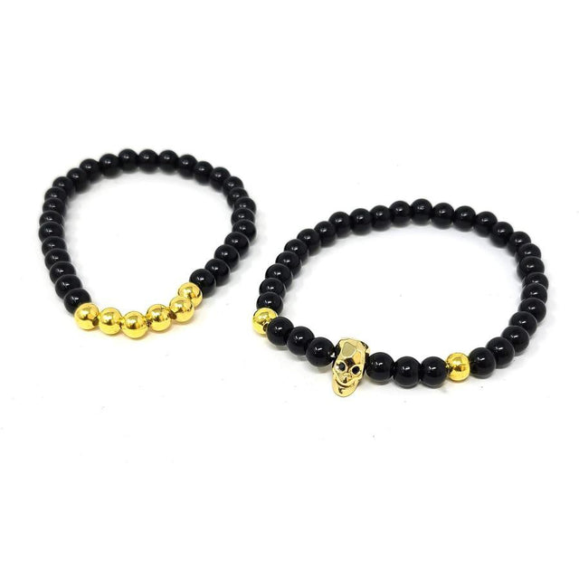 Elastic Bracelet Round Beads - Black & Gold Skull (2 Piece Set) - Magick Magick.com