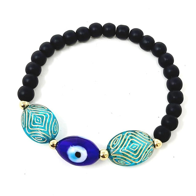 Elastic Bracelet Round Beads - Black & Gold with Evil Eye Bead - Magick Magick.com