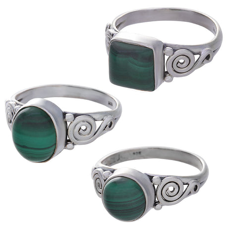 Malachite Cab Spiral Band Sterling Silver Ring (Assorted Shape) - Magick Magick.com