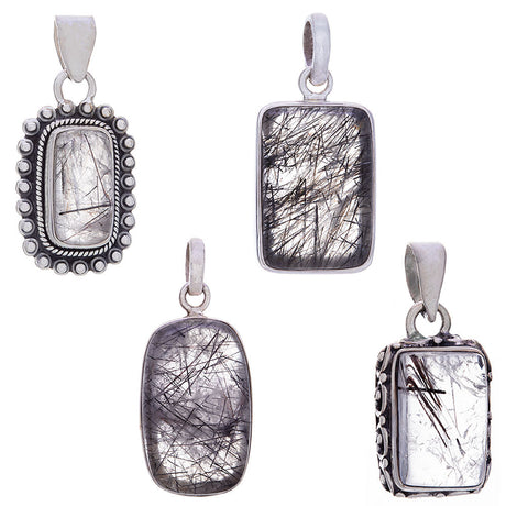 Tourmalinated Quartz Rectangular Sterling Silver Pendant (Assorted Design) - Magick Magick.com