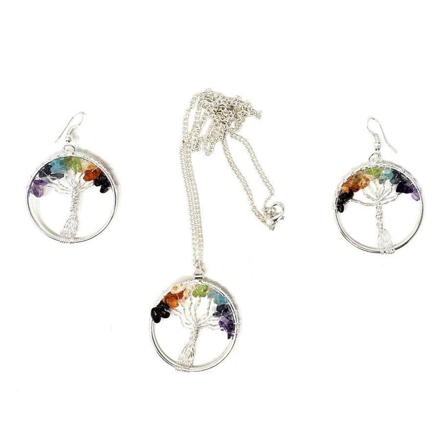 Tree of Life Chakra Gemstone Necklace and Earrings Set - Magick Magick.com