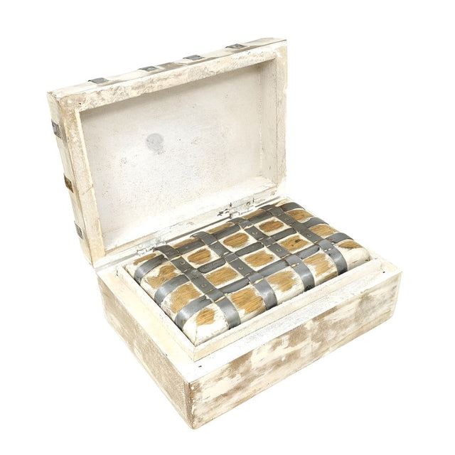 White Wash Rustic Wood & Metal Box Set of 3 (8", 6.5", 5.5" inch) - Magick Magick.com