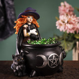 Witch and Black Cats with Cauldron Statue - Magick Magick.com