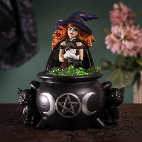 Witch and Black Cats with Cauldron Statue - Magick Magick.com