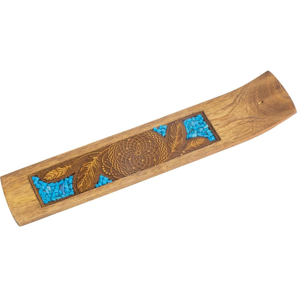 10" Laser Etched Wood Incense Holder - Dreamcatcher with Turquoise Inlay - Magick Magick.com