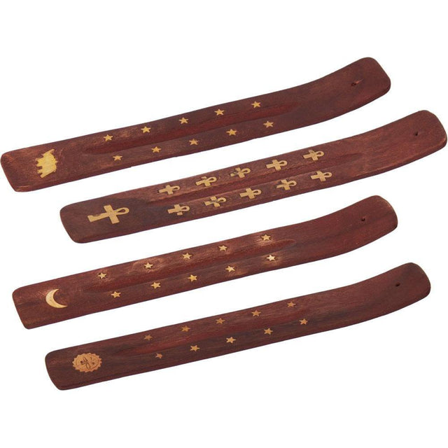 10" Wood Incense Holder - Brass Inlay (Assorted Design) - Magick Magick.com