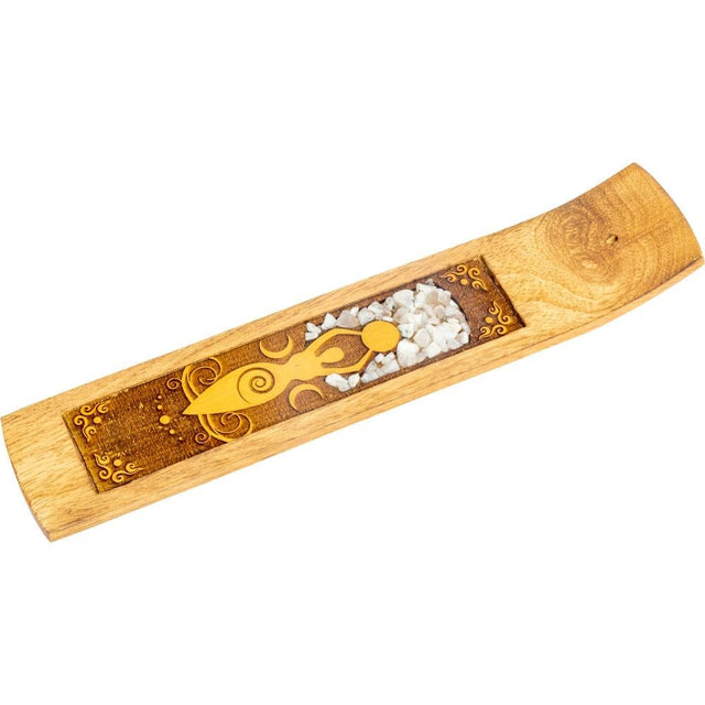 10"Laser Etched Wood Incense Holder - Moon Goddess with Rainbow Moonstone Inlay - Magick Magick.com