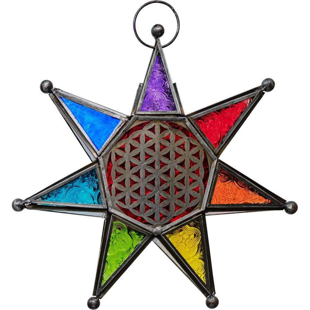 11.5" Glass & Metal Lantern - Chakra Star with Flower of Life - Magick Magick.com