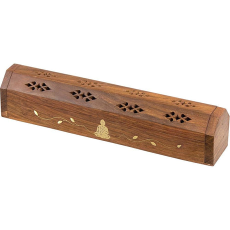 12" Buddha Brass Inlay Wood Incense Box Burner with Storage - Magick Magick.com