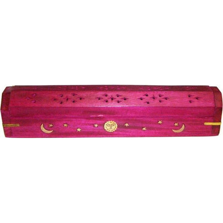 12" Celestial Brass Inlay Wood Incense Box Burner with Storage - Pink - Magick Magick.com