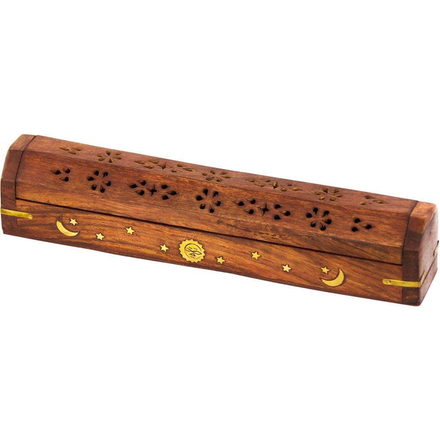 12" Celestial Brass Inlay Wood Incense Box Burner with Storage - Magick Magick.com