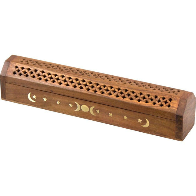 12" Triple Moon Wood Incense Box Burner - Magick Magick.com