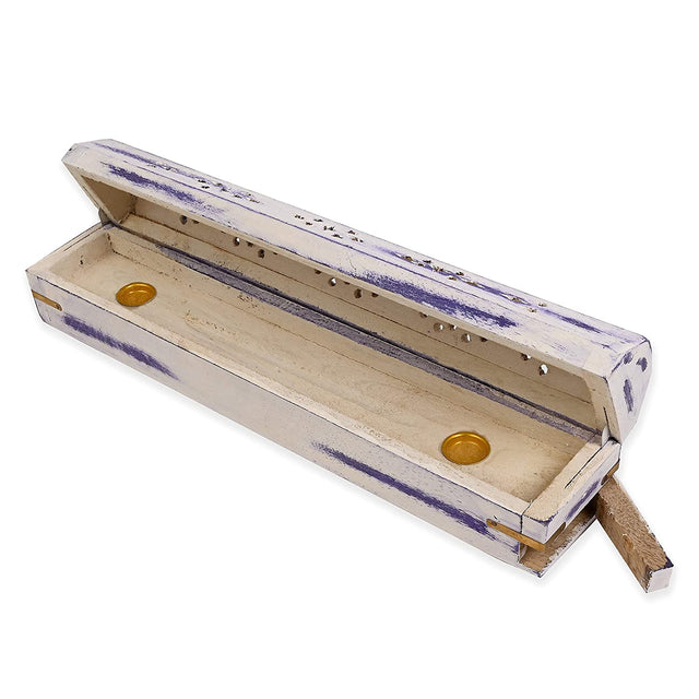 12" White Wash Purple Wood Incense Box Burner - Magick Magick.com