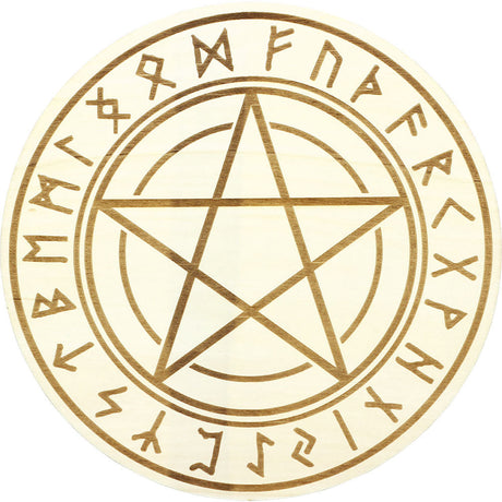 12" Wood Crystal Grid - Runes with Pentacle - Magick Magick.com