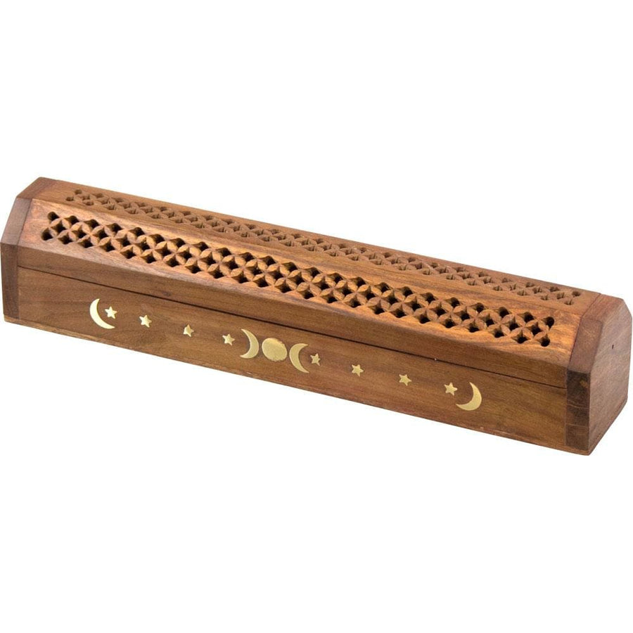 12" Wood Incense Burner & Storage Box - Triple Moon - Magick Magick.com