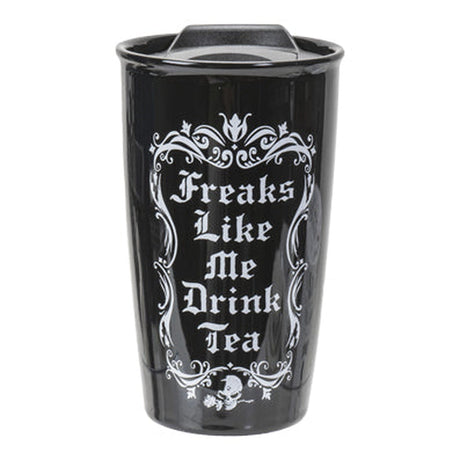 12 oz Black Ceramic Travel Mug - Freaks Like Me Drink Tea - Magick Magick.com