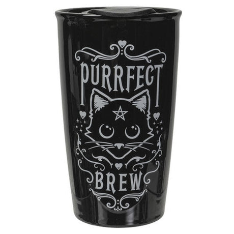12 oz Black Ceramic Travel Mug - Purrfect Brew - Magick Magick.com