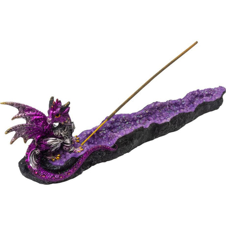 12.25" Polyresin Incense Holder - Purple Dragon on Geode - Magick Magick.com