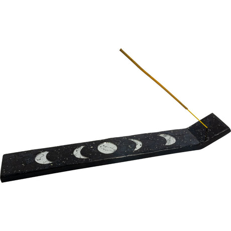 13.5" Wood Incense Holder with Glass Mosaic - Moon Phases (Black) - Magick Magick.com