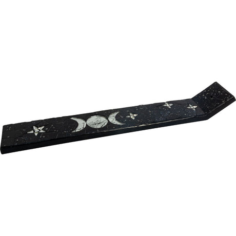 13.5" Wood Incense Holder with Glass Mosaic - Triple Moon - Magick Magick.com