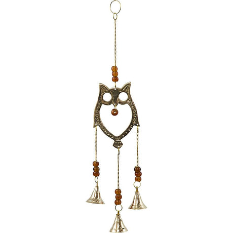 14" Brass Bell Chime - Owl with Brown Beads - Magick Magick.com