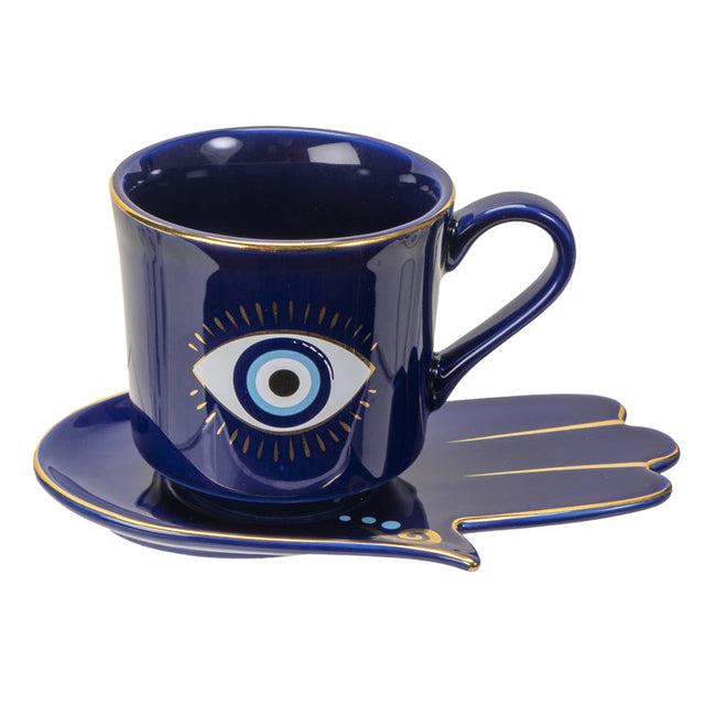 18 oz Ceramic Mug and Saucer Set - Evil Eye Blue - Magick Magick.com
