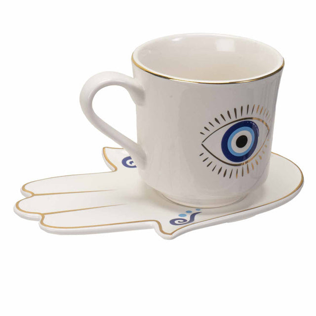 18 oz Ceramic Mug and Saucer Set - Evil Eye White - Magick Magick.com