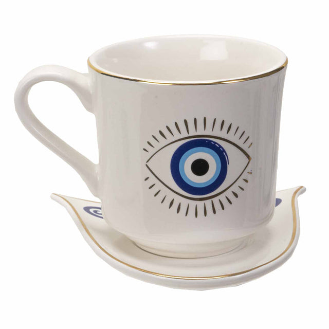 18 oz Ceramic Mug and Saucer Set - Evil Eye White - Magick Magick.com