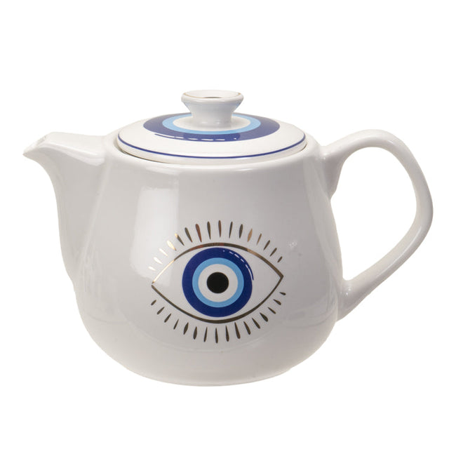 18 oz Ceramic Tea Pot - Evil Eye White - Magick Magick.com