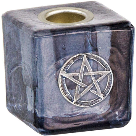 1.25" Mini Glass Candle Holder Cube - Black Pentacle - Magick Magick.com