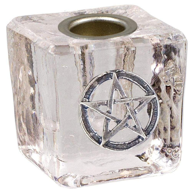 1.25" Mini Glass Candle Holder Cube - Clear Pentacle - Magick Magick.com