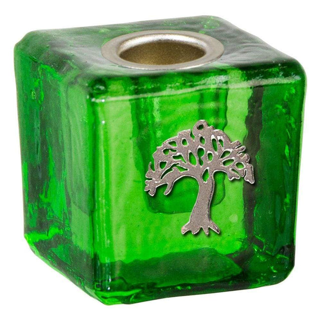 1.25" Mini Glass Candle Holder Cube - Green Tree of Life - Magick Magick.com
