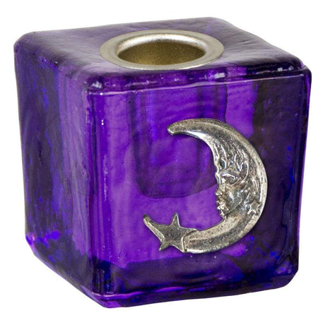 1.25" Mini Glass Candle Holder Cube - Purple Moon Goddess - Magick Magick.com