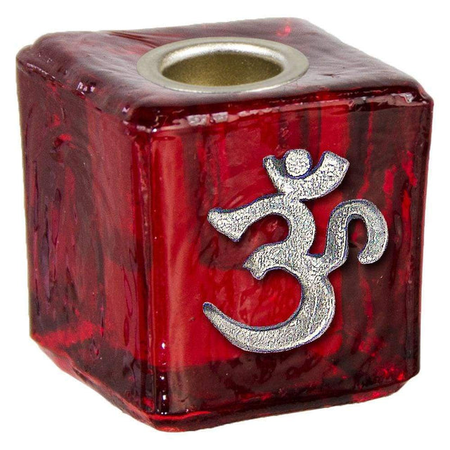 1.25" Mini Glass Candle Holder Cube - Red OM - Magick Magick.com