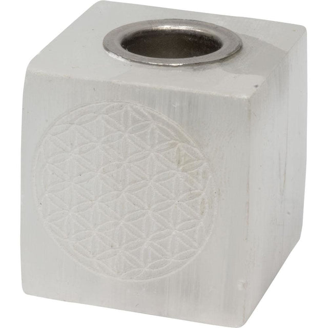 1.5" Selenite Mini Candle Holder Cube - Flower of Life - Magick Magick.com