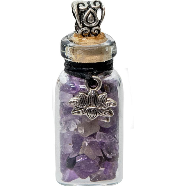 1.75" Gemstone Chip Bottle Necklace - Amethyst with Lotus - Magick Magick.com