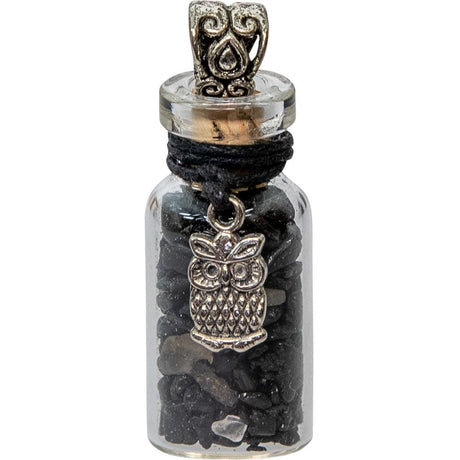 1.75" Gemstone Chip Bottle Necklace - Black Tourmaline with Owl - Magick Magick.com