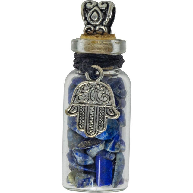1.75" Gemstone Chip Bottle Necklace - Lapis with Fatima Hand - Magick Magick.com
