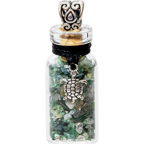 1.75" Gemstone Chip Bottle Necklace - Moss Agate with Turtle - Magick Magick.com