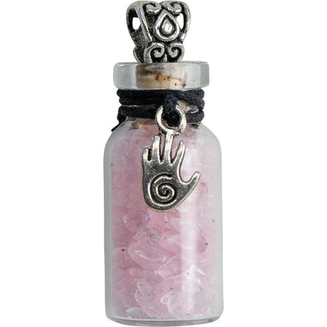 1.75" Gemstone Chip Bottle Necklace - Rose Quartz with Healing Hand - Magick Magick.com
