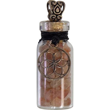 1.75" Gemstone Chip Bottle Necklace - Sunstone with Seed of Life - Magick Magick.com