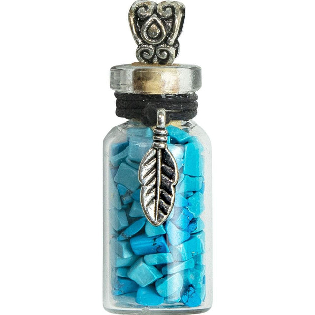 1.75" Gemstone Chip Bottle Necklace - Turquoise with Feather - Magick Magick.com
