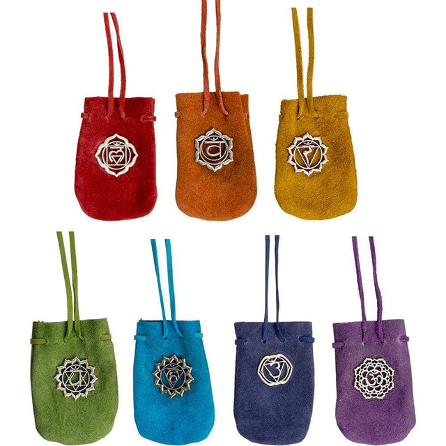 2" x 3" Suede Pouch Rounded with Strap - Chakras with Findings (Set of 7) - Magick Magick.com