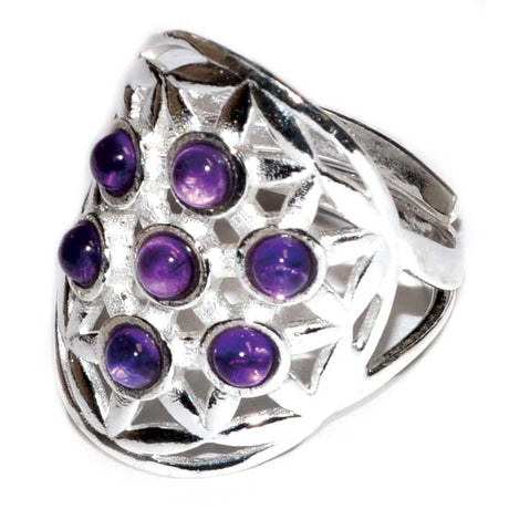 20 mm Flower of Life Amethyst Adjustable Sterling Silver Ring - Magick Magick.com