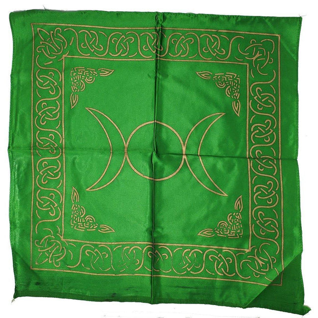21" Satin Altar Cloth - Triple Moon Pentagram on Green & Gold - Magick Magick.com